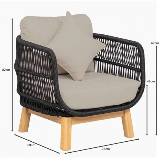 MARK Set Σαλόνι Κήπου 4 τεμαχίων Acacia Φυσικό, Rope Wicker Μαύρο, Μαξιλάρια Μπεζ