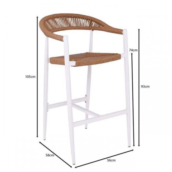 MADY Σκαμπό Bar, ALU Άσπρο, Rope Wicker Φυσικό 56x58x105cm