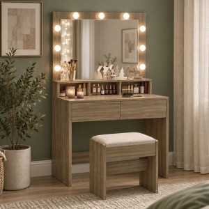 LUCY Set Τουαλέτα με Σκαμπό, Απόχρωση Sonoma, Καθρέπτης LED & θύρα USB 80x40x75/140cm
