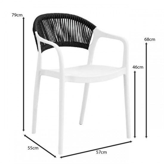 DONNA Πολυθρόνα-Pro Στοιβαζόμενη, PP-UV Άσπρο, Rope Wicker Μαύρο 57x55x79cm