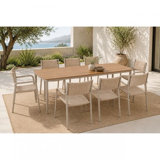 DENVER Set Τραπεζαρία Κήπου, Αλουμίνιο & Rope Wicker Μπεζ, Polywood-Τραπέζι+8 Πολυθρόνες T: 220x97x74, Chair: 56x58x82
