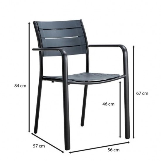 SAGA Πολυθρόνα Στοιβαζόμενη, Μέταλλο Βαφή Μαύρο, PP-UV Ανθρακί 56x57x84cm