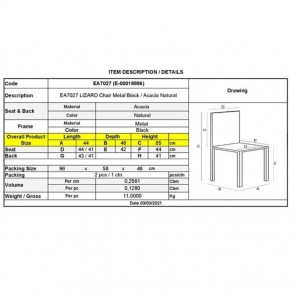 LIZARD Καρέκλα Τραπεζαρίας Μέταλλο Βαφή Μαύρο, Ξύλο Ακακία Φυσικό 44x46x85cm