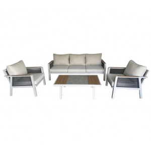 TORO Set Σαλόνι Κήπου 4τεμ, Alu Άσπρο, Rope Wicker Ανθρακί , Polywood Φυσικό, Μαξιλάρι Εκρού 203x84x75-75x84x75-120x65x40cm