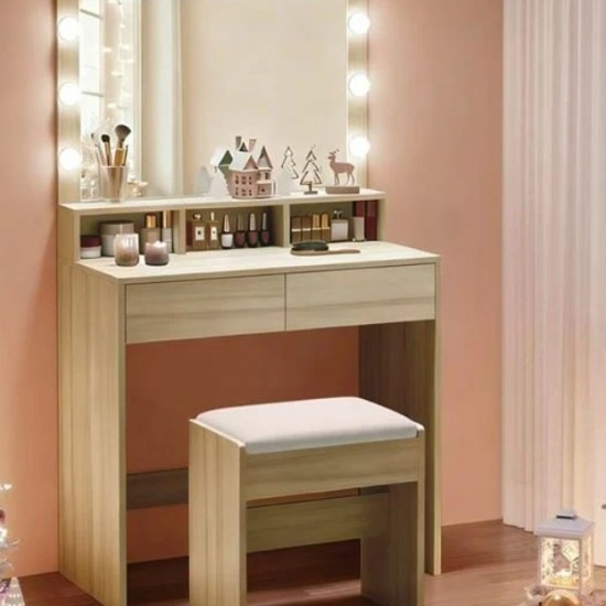 LUCY Set Τουαλέτα με Σκαμπό, Απόχρωση Sonoma, Καθρέπτης LED & θύρα USB 80x40x75/140cm