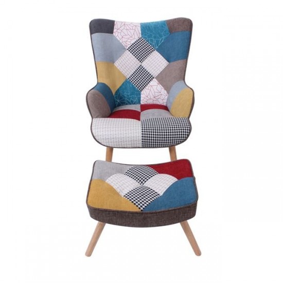 MARON Set: Πολυθρόνα Μπερζέρα + Σκαμπό Υποπόδιο, Ξύλο Φυσικό, Ύφασμα Patchwork 69x76x97cm