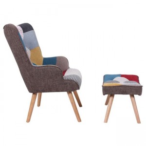 MARON Set: Πολυθρόνα Μπερζέρα + Σκαμπό Υποπόδιο, Ξύλο Φυσικό, Ύφασμα Patchwork 69x76x97cm