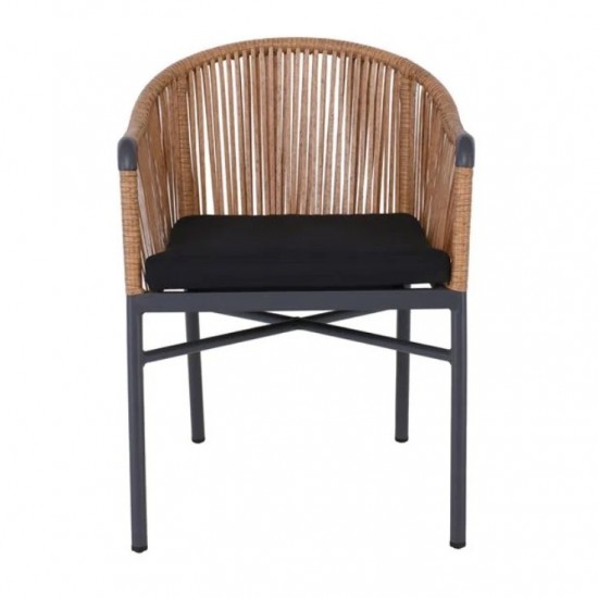 BRAGA Πολυθρόνα Βεράντας-Κήπου ALU Ανθρακί, Wicker Φυσικό, Μαξιλάρι Μαύρο 57x58x77cm