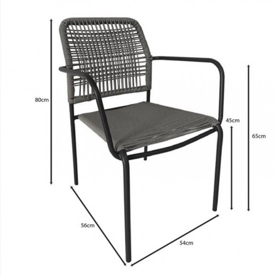 LUIGI Πολυθρόνα Βεράντας-Κήπου Μέταλλο Βαφή Ανθρακί, Rope Wicker Γκρι, Στοιβαζόμενη 54x56x80cm