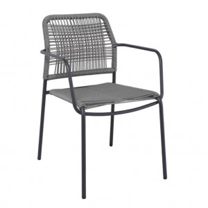 LUIGI Πολυθρόνα Βεράντας-Κήπου Μέταλλο Βαφή Ανθρακί, Rope Wicker Γκρι, Στοιβαζόμενη 54x56x80cm