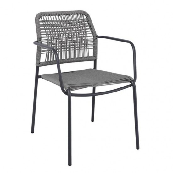 LUIGI Πολυθρόνα Βεράντας-Κήπου Μέταλλο Βαφή Ανθρακί, Rope Wicker Γκρι, Στοιβαζόμενη 54x56x80cm