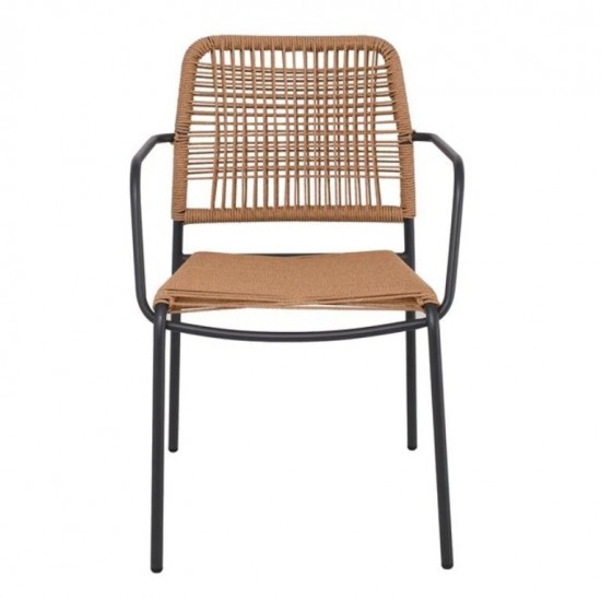 LUIGI Πολυθρόνα Βεράντας-Κήπου Μέταλλο Βαφή Ανθρακί, Rope Wicker Φυσικό, Στοιβαζόμενη