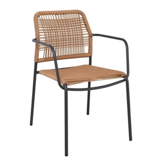 LUIGI Πολυθρόνα Βεράντας-Κήπου Μέταλλο Βαφή Ανθρακί, Rope Wicker Φυσικό, Στοιβαζόμενη