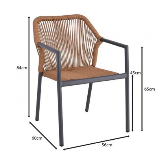 DINA Πολυθρόνα Βεράντας-Κήπου ALU Ανθρακί, Rope Wicker Φυσικό, Στοιβαζόμενη 56x60x84cm