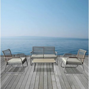 ROCCO Set Σαλόνι Κήπου 4τεμ, Μέταλλο Μπεζ, Rope Wicker Μπεζ, Μαξιλ.Μπεζ, Γυαλί Μπεζ