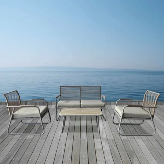 ROCCO Set Σαλόνι Κήπου 4τεμ, Μέταλλο Μπεζ, Rope Wicker Μπεζ, Μαξιλ.Μπεζ, Γυαλί Μπεζ