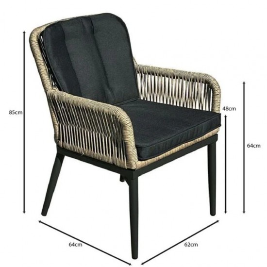 ALLEY Πολυθρόνα Τραπεζαρίας Κήπου ALU Ανθρακί, Rope Φυσικό 6mm, Μαξιλάρια Ανθρακί 62x64x85cm