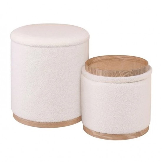 MATIC Set-2 Σκαμπό-Τραπεζάκι με Αποθηκευτικό Χώρο, Teddy Ύφασμα Εκρού Φ38+Φ34cm