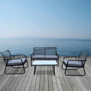 ROCCO Set Σαλόνι Κήπου 4τεμ, Μέταλλο Μαύρο,RopeWicker Γκρι, Μαξιλ.Σκούρο Γκρι, Γυαλί Μαύρο
