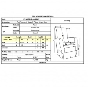 ALMA Πολυθρόνα - Μπερζέρα Σαλονιού - Καθιστικού Φυσικό Ύφασμα Velure Γκρι 69x76x97cm