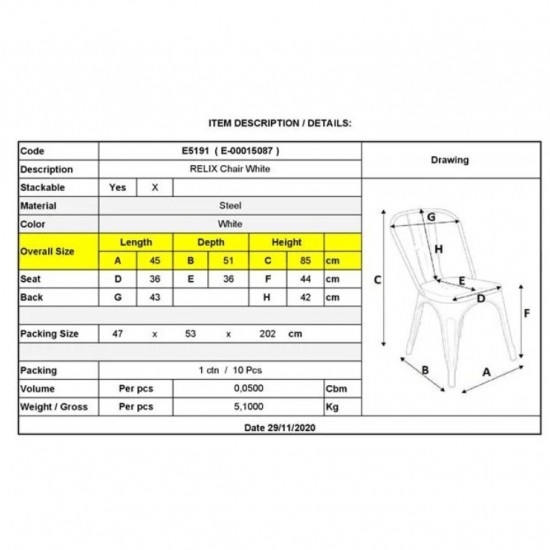 RELIX Καρέκλα-Pro, Στοιβαζόμενη, Μέταλλο Βαφή Άσπρο 45x51x85cm