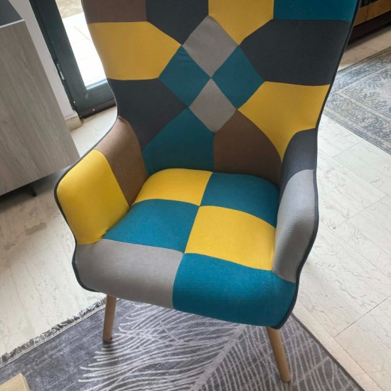 Πολυθρόνα - Μπερζέρα Ξύλο Φυσικό, Ύφασμα Patchwork