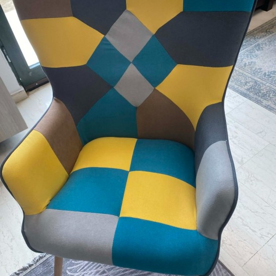 Πολυθρόνα - Μπερζέρα Ξύλο Φυσικό, Ύφασμα Patchwork