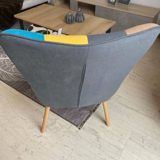 Πολυθρόνα - Μπερζέρα Ξύλο Φυσικό, Ύφασμα Patchwork