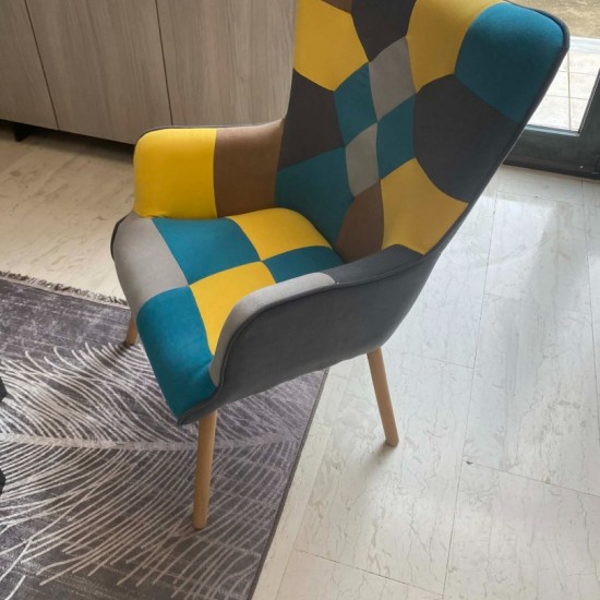 Πολυθρόνα - Μπερζέρα Ξύλο Φυσικό, Ύφασμα Patchwork